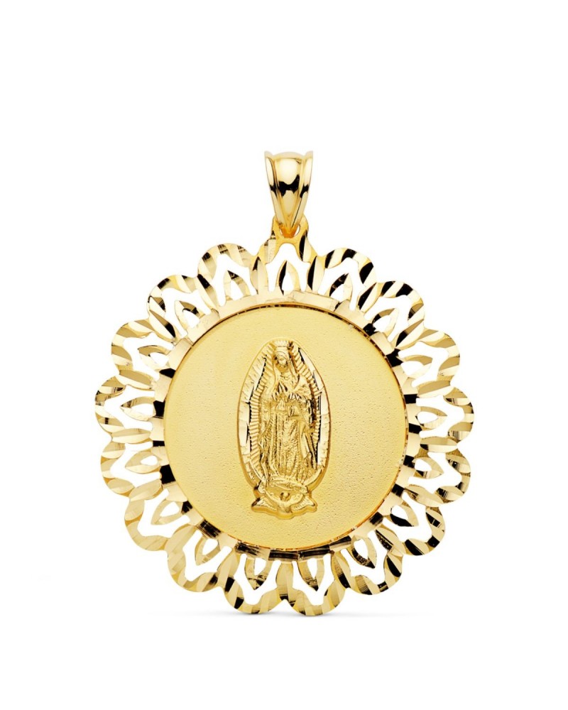 Medalla oro 18k Virgen de Guadalupe cerco tallado 37x34mm
