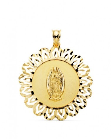 Medalla oro 18k Virgen de Guadalupe cerco tallado 37x34mm