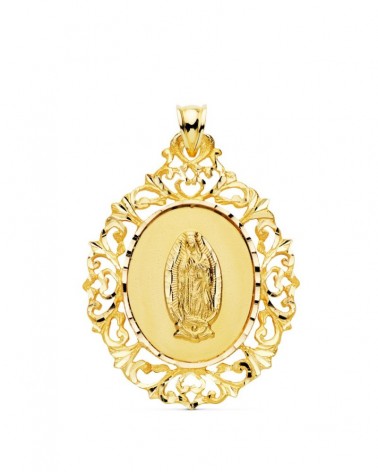 Medalla oro 18k Virgen de Guadalupe filigrana 39x30mm