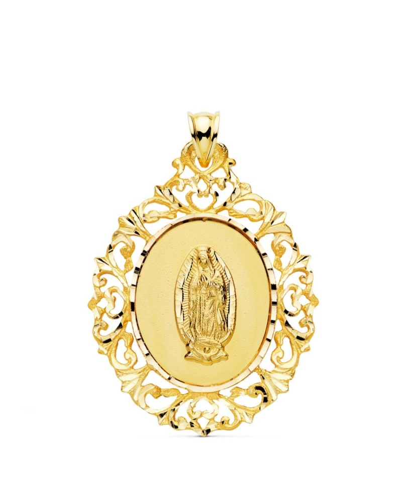 Medalla oro 18k Virgen de Guadalupe filigrana 39x30mm
