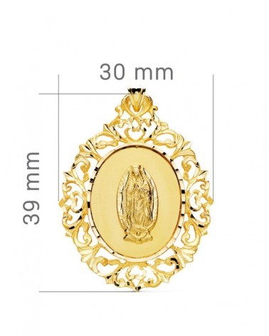Medalla oro 18k Virgen de Guadalupe filigrana 39x30mm