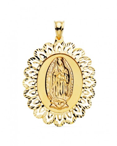 Medalla oro 18k Virgen de Guadalupe cerco calado 42x34mm
