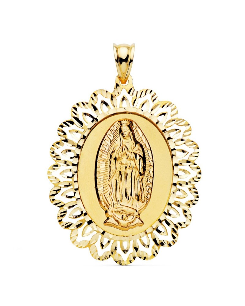 Medalla oro 18k Virgen de Guadalupe cerco calado 42x34mm