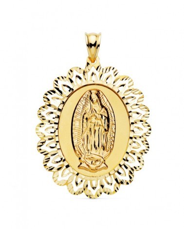 Medalla oro 18k Virgen de Guadalupe cerco calado 42x34mm