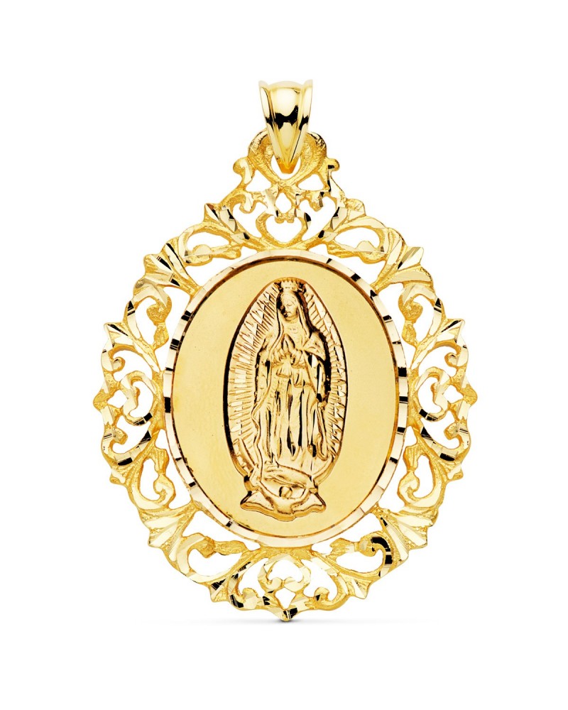 Medalla oro 18k Virgen Guadalupe orla filigrana 51x40mm