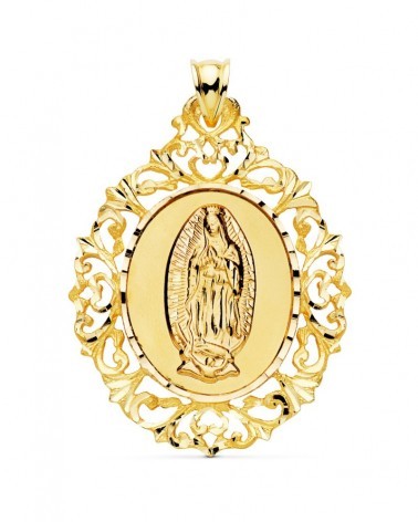 Medalla oro 18k Virgen Guadalupe orla filigrana 51x40mm