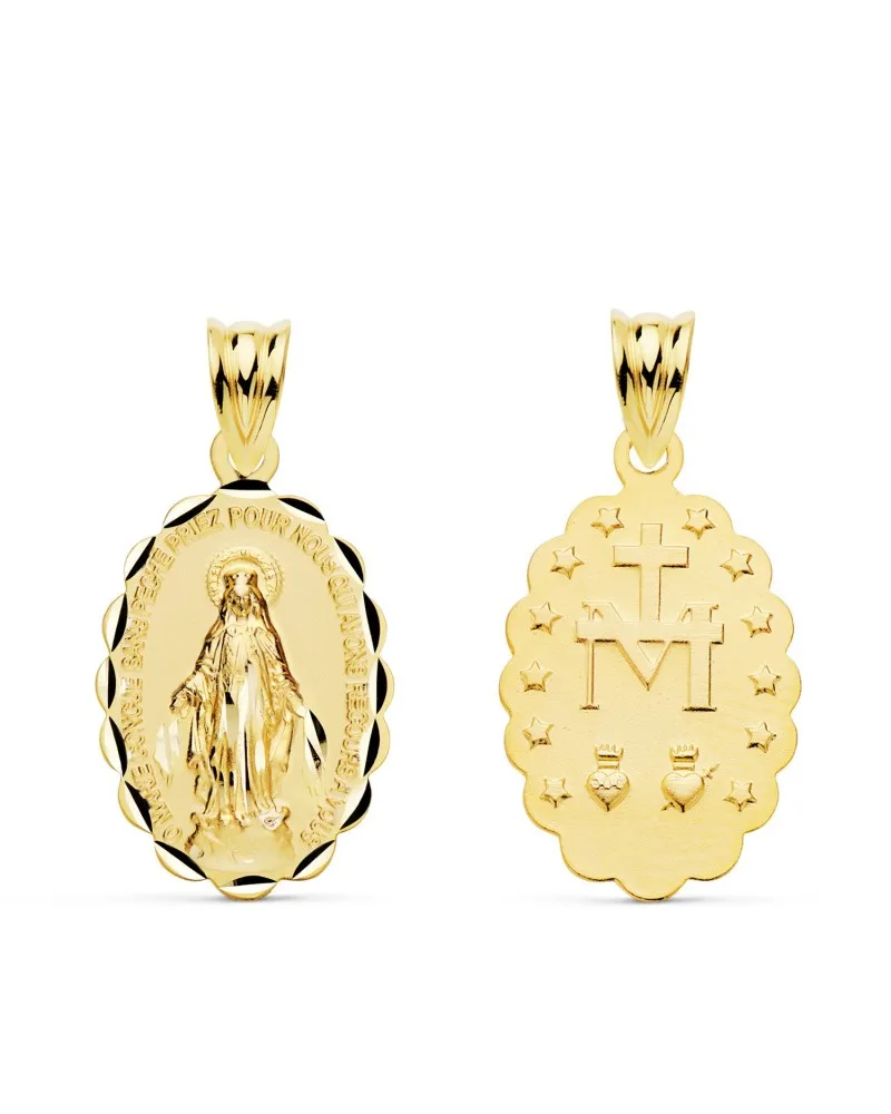 Medalla oro 18k Virgen Milagrosa escapulario oval tallada