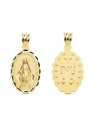 Medalla oro 18k Virgen Milagrosa escapulario oval tallada