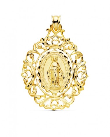 Medalla oro 18k Virgen Milagrosa marco ornamental 46x35mm