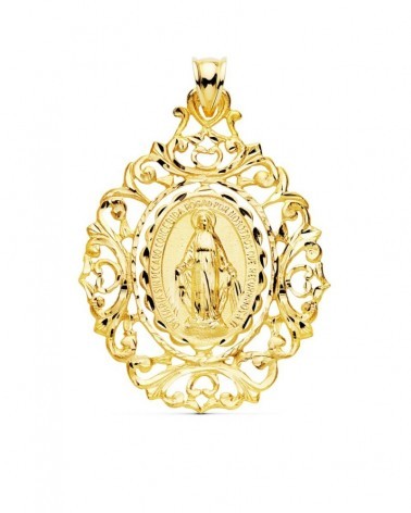 Medalla oro 18k Virgen Milagrosa marco ornamental 46x35mm