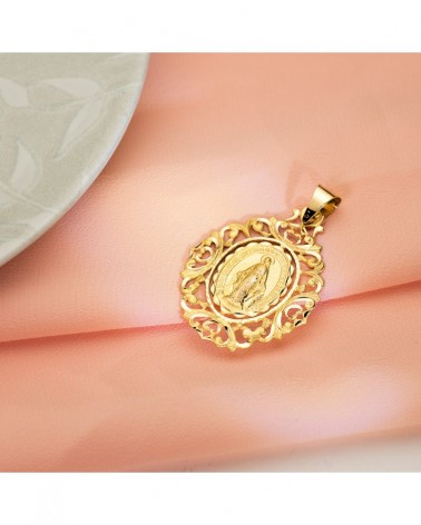Medalla oro 18k Virgen Milagrosa marco ornamental 46x35mm
