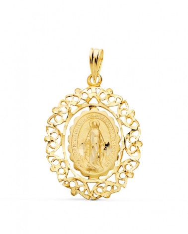 Medalla oro 18k Virgen Milagrosa cerco calado 28x21 mm