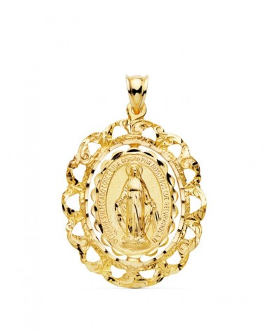 Medalla oro 18k Virgen Milagrosa cerco filigrana 30x25mm