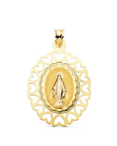 Medalla oro 18k Virgen Milagrosa cerco corazones 40x33mm