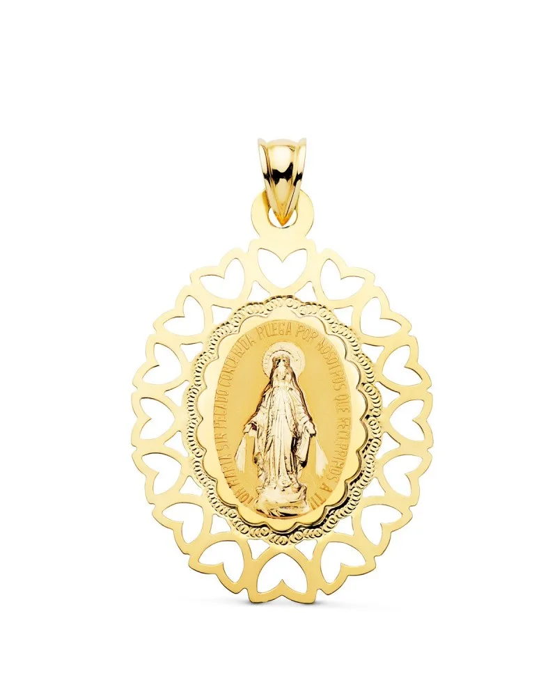 Medalla oro 18k Virgen Milagrosa cerco corazones 40x33mm