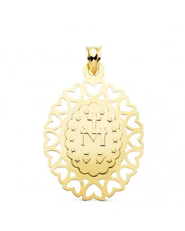Medalla oro 18k Virgen Milagrosa cerco corazones 40x33mm