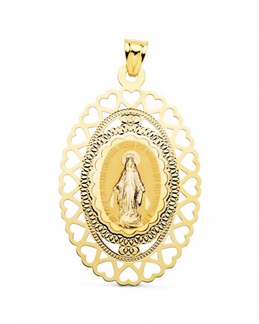 Medalla oro 18k Virgen Milagrosa oval cerco corazones