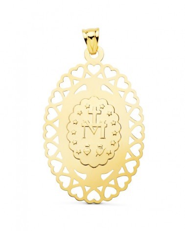 Medalla oro 18k Virgen Milagrosa oval cerco corazones