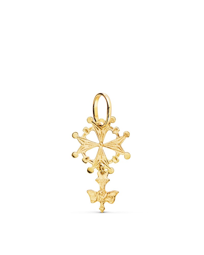 Cruz oro 18k amarillo hugonote con paloma 24x14mm