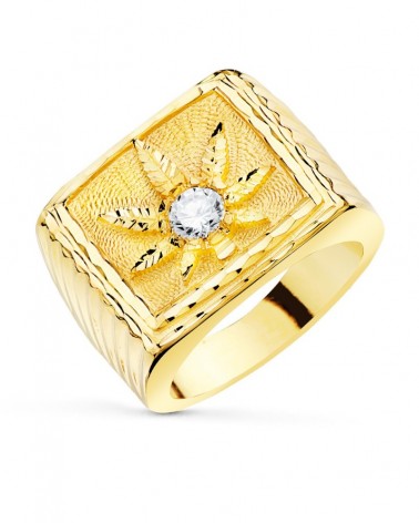 Sello oro 18k amarillo hoja marihuana circonita 25x17mm