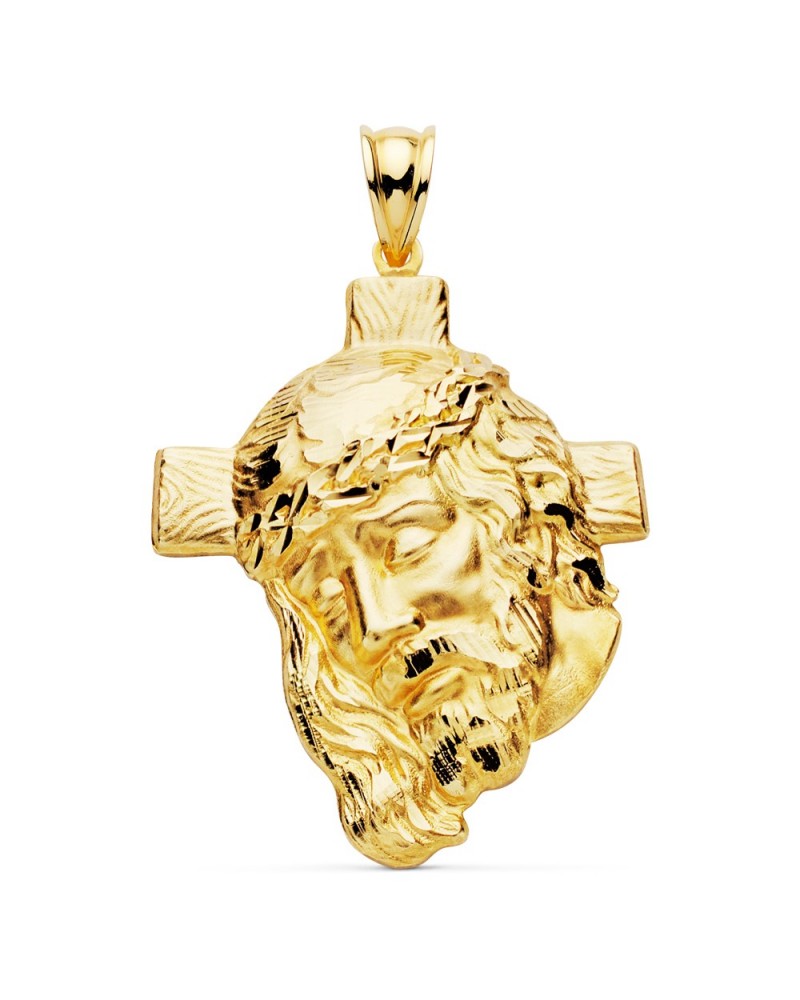Cruz cabeza de Cristo oro 18k tallada 40x30 mm