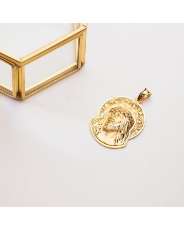 Colgante oro 18k Cabeza de Cristo con orla 32x26mm