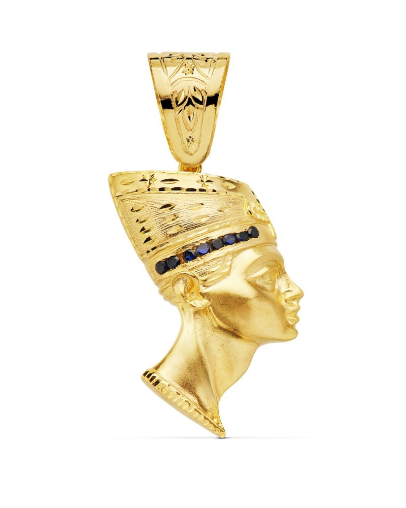 Colgante oro 18k egipcio Nefertiti circonita azul 50x35mm