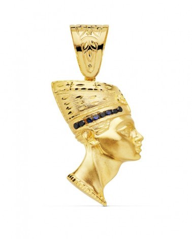 Colgante oro 18k egipcio Nefertiti circonita azul 50x35mm