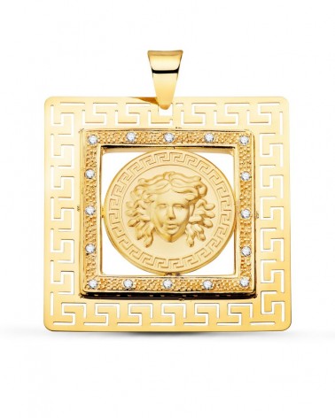Colgante oro 18k cuadrado Medusa grecas circonita 37x37mm