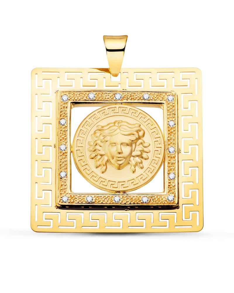 Colgante oro 18k cuadrado Medusa grecas circonita 37x37mm
