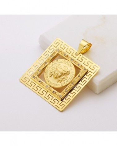 Colgante oro 18k cuadrado Medusa grecas circonita 37x37mm