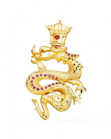 Colgante oro 18k dragón circonitas rojas 43x35mm