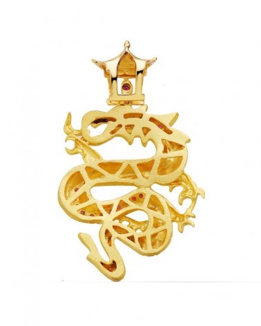 Colgante oro 18k dragón circonitas rojas 43x35mm