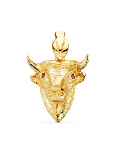 Colgante oro 18k cabeza de toro con ojos rojos 27x25mm