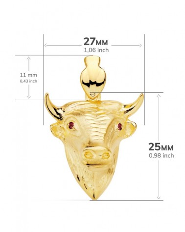 Colgante oro 18k cabeza de toro con ojos rojos 27x25mm
