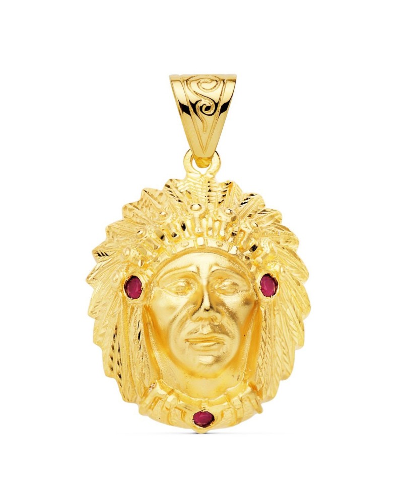 Colgante oro 18k indio americano con circonitas rojas