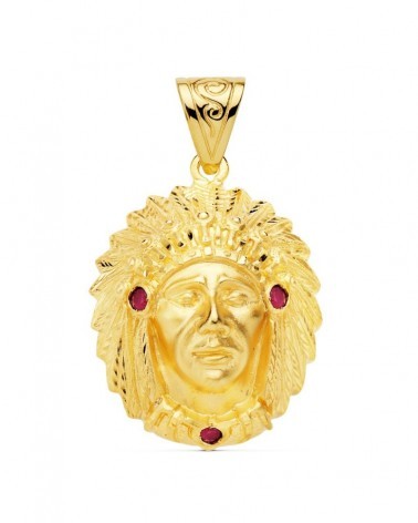 Colgante oro 18k indio americano con circonitas rojas