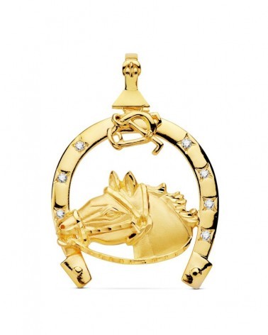Colgante oro 18k herradura caballo circonitas 42x39mm