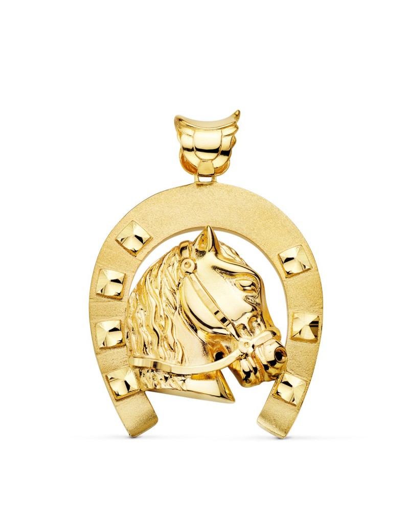 Colgante oro 18k herradura con caballo 50x44 mm