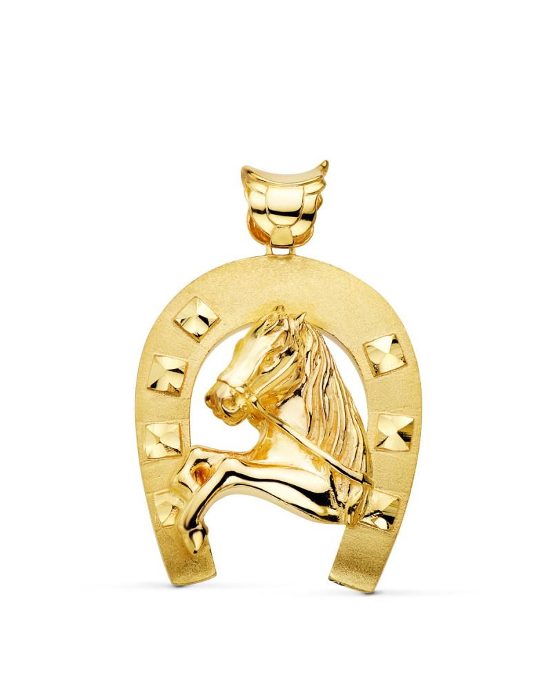 Colgante oro 18k herradura con caballo 48x40mm