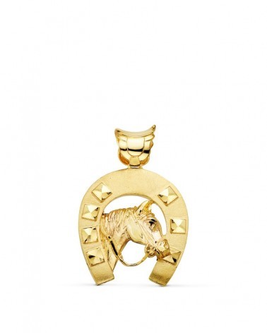 Colgante oro 18k herradura con caballo 36x32mm