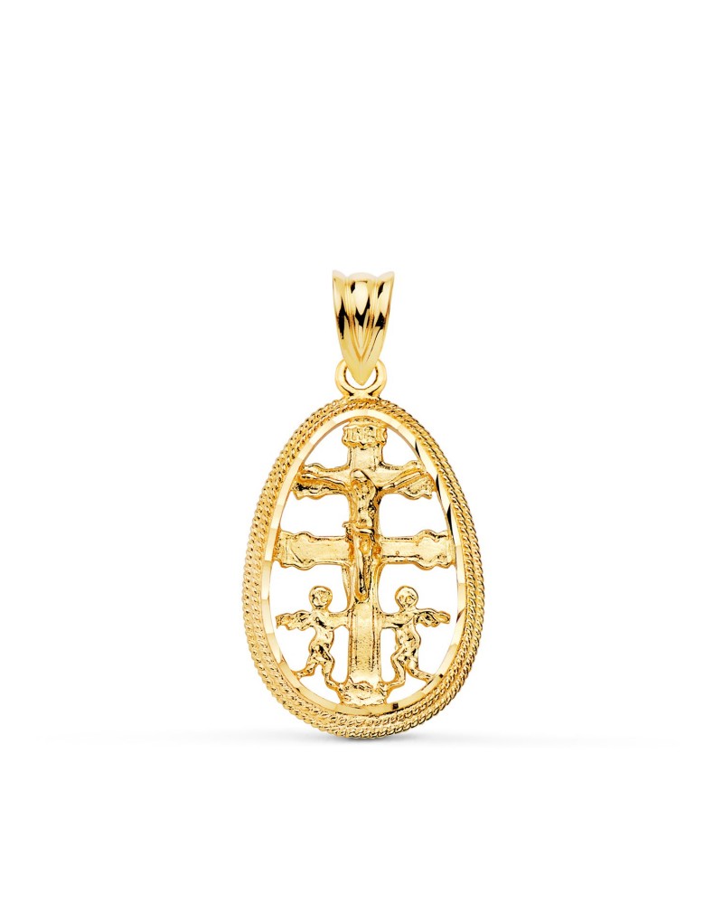 Colgante oro 18k Cruz de Caravaca cerco oval 23x16mm