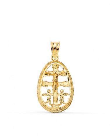 Colgante oro 18k Cruz de Caravaca cerco oval 23x16mm