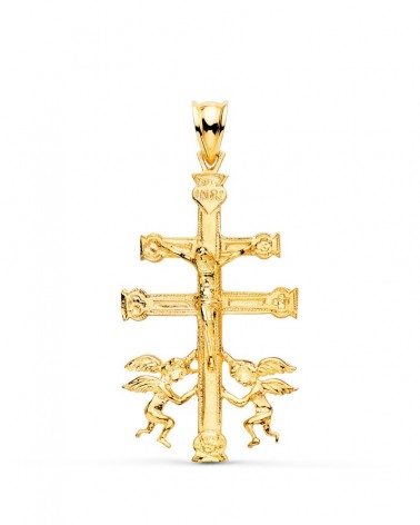 Cruz oro 18k Caravaca con Cristo y ángeles 36x22mm