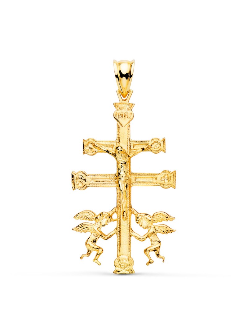 Cruz oro 18k Caravaca con Cristo y ángeles 36x22mm