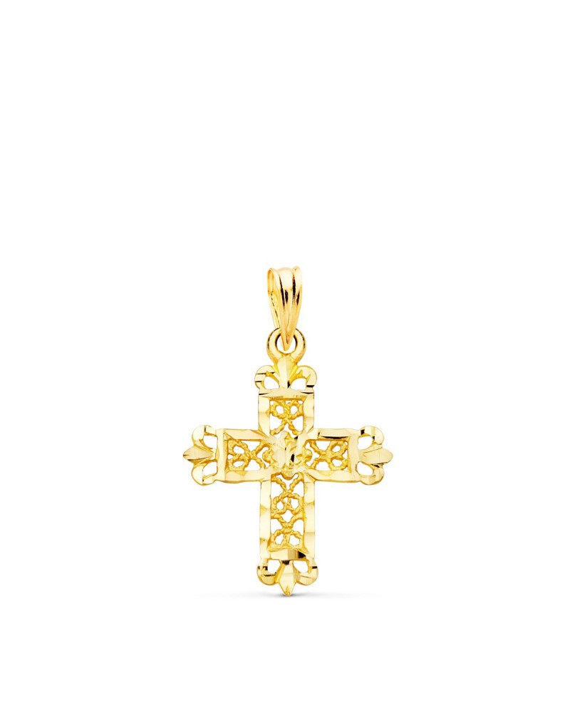 Cruz oro 18k amarillo filigrana bordes tallados 22x19mm