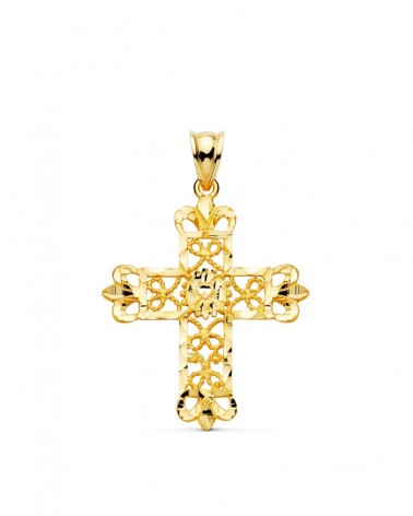 Cruz oro 18k amarillo filigrana bordes tallados 35x29mm
