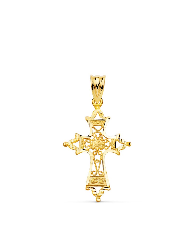 Cruz oro amarillo 18k filigrana tallada 30x20mm
