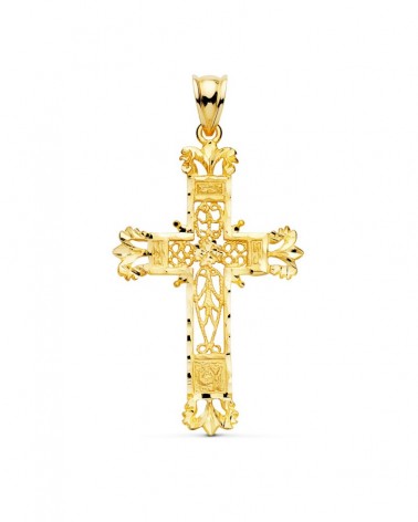 Cruz oro amarillo 18k filigrana bordes tallados 44x28mm