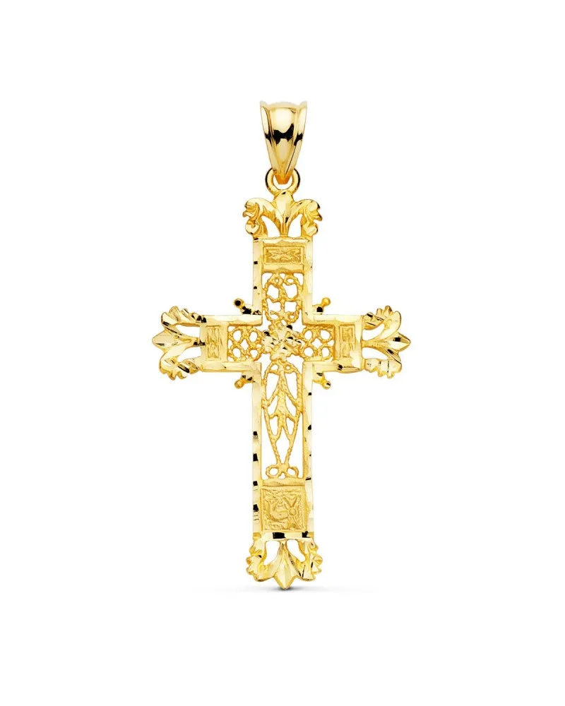 Cruz oro amarillo 18k filigrana bordes tallados 44x28mm
